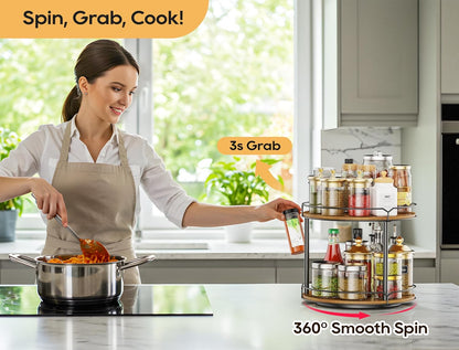 12.4" Lazy Susan Organizer 2 Tier - Rotating Spice Rack, Wooden Spinning Spice Holder for Inside
