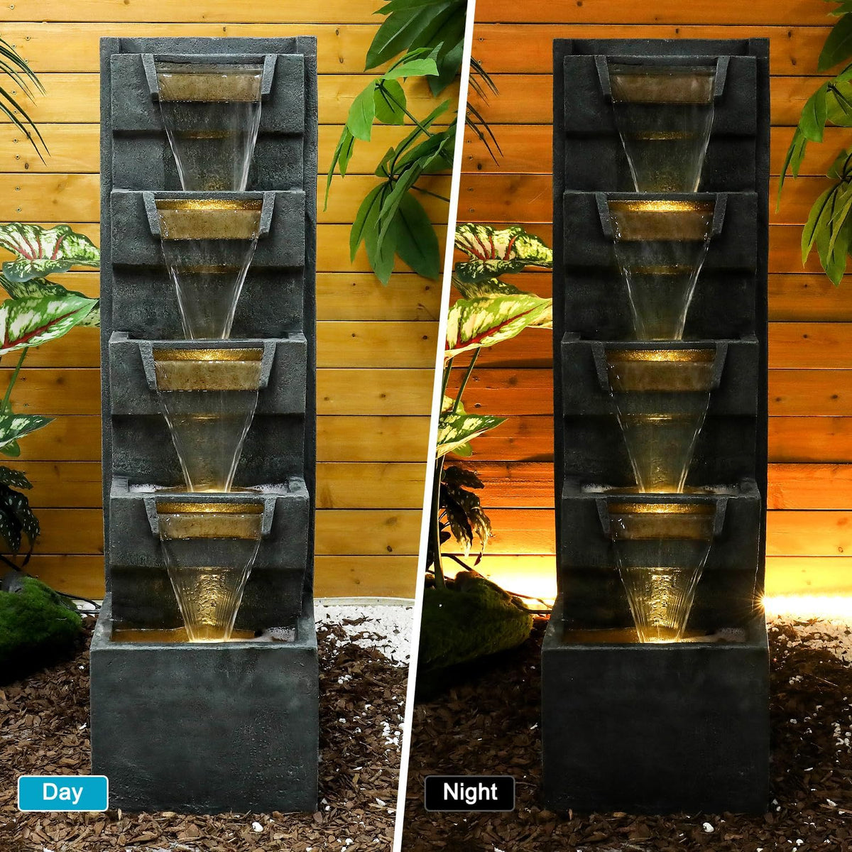 39.3" H Modern Water Fountain 5-Tier Outdoor Garden - Water Fountain w/LED Lights Cascading
