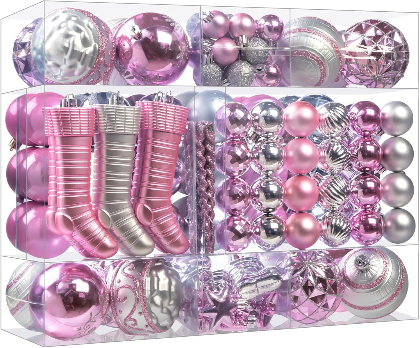 150PCS Pink and Silver Christmas Ornaments, Shatterproof Christmas Ball Ornaments Set, Assorted