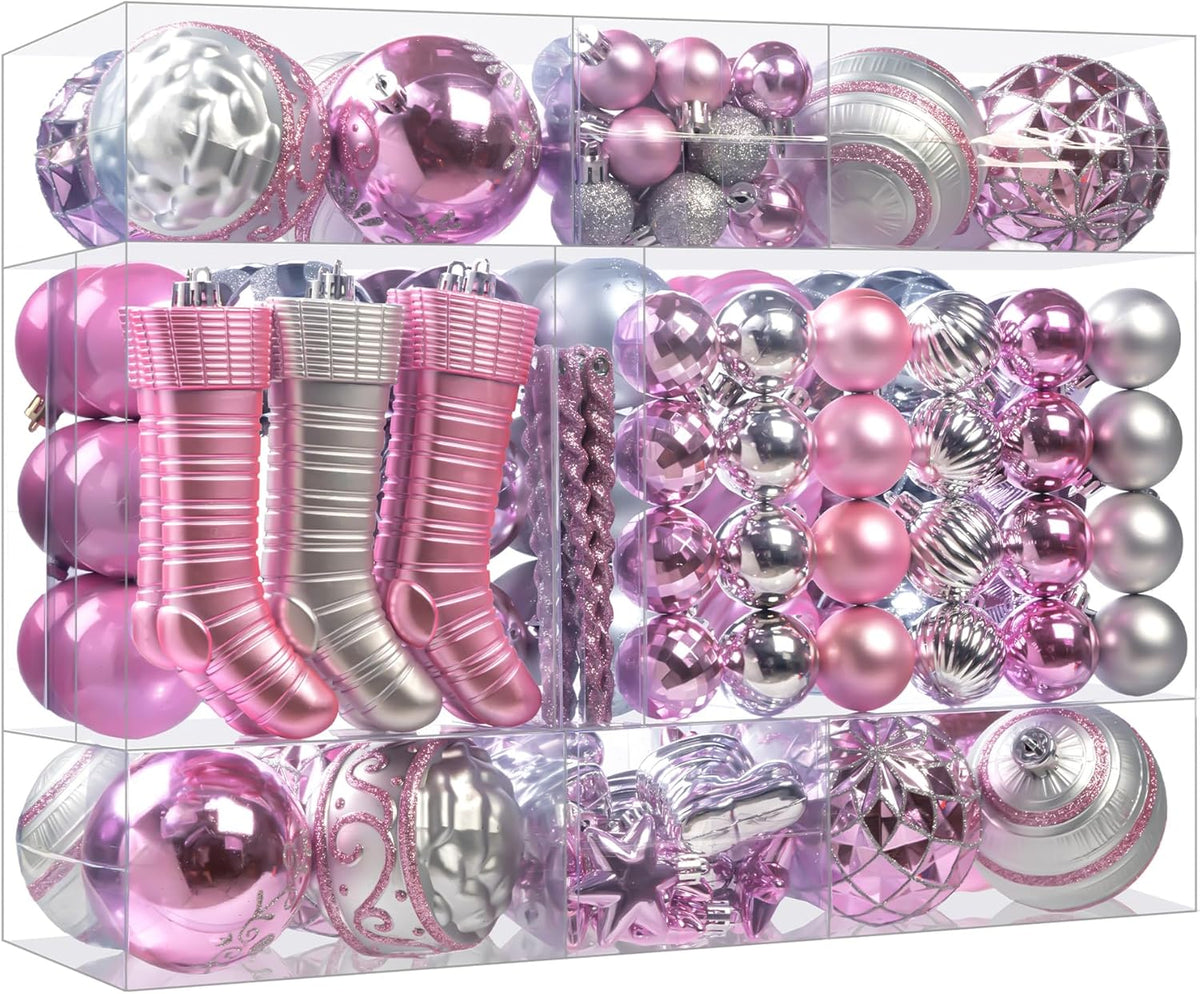150PCS Pink and Silver Christmas Ornaments, Shatterproof Christmas Ball Ornaments Set, Assorted