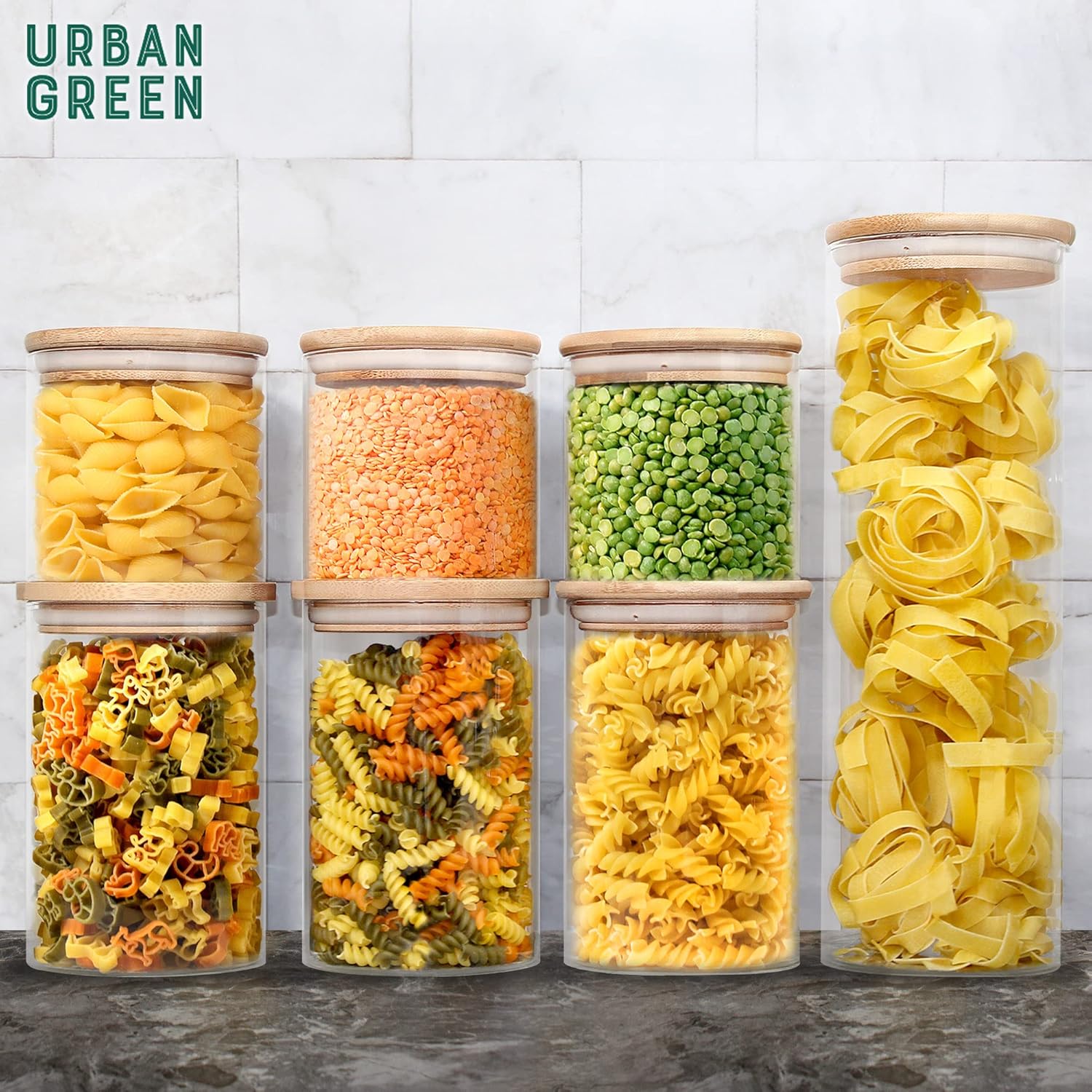 Urban Green Glass Storage Container Bamboo Lids, Glass Airtight Canisters sets, Food Jars, Pantry