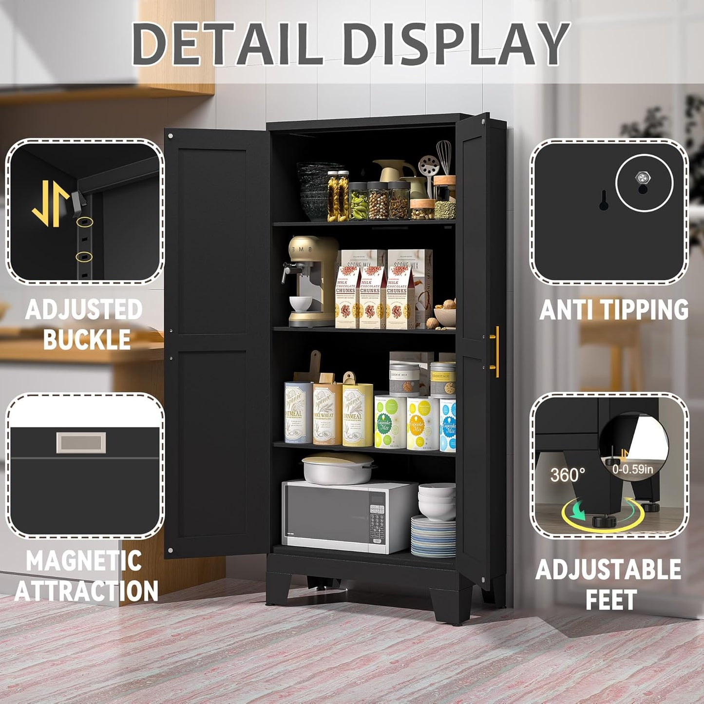 61.02" Kitchen Pantry Cabinet, Pantry Storage Cabinet with 2 Doors and Adjustable Shelves, Black