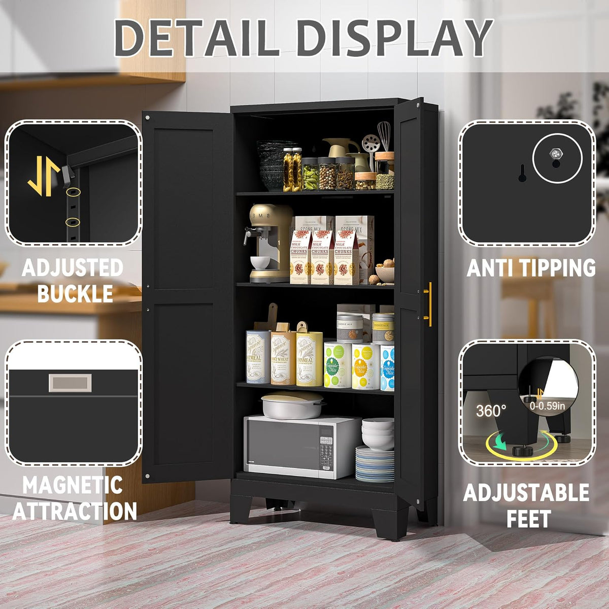 61.02" Kitchen Pantry Cabinet, Pantry Storage Cabinet with 2 Doors and Adjustable Shelves, Black