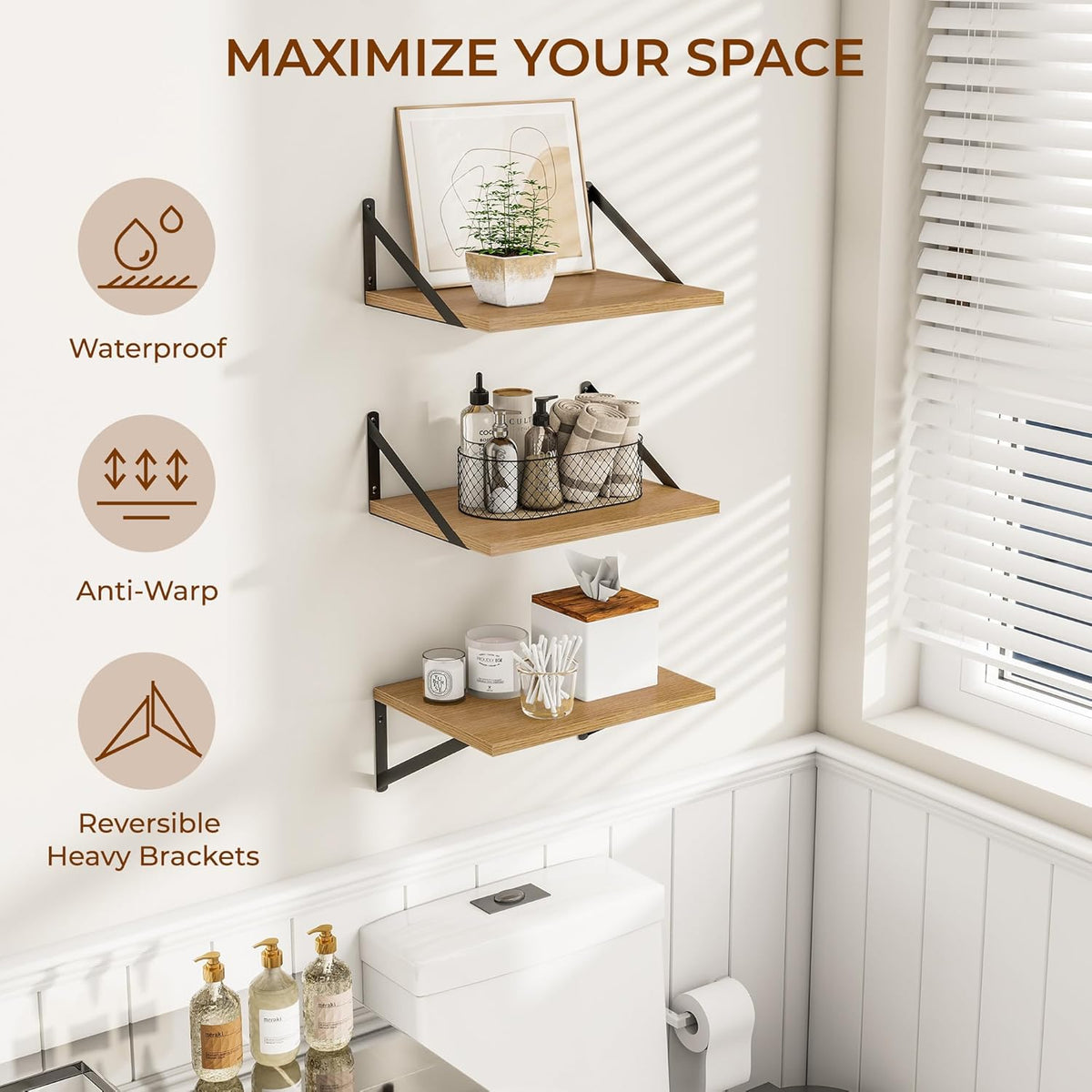 Heimlove Deep Floating Shelves for Wall, 12 Inch Deep Floating Shelves Set of 3, 16W x 12D Wood