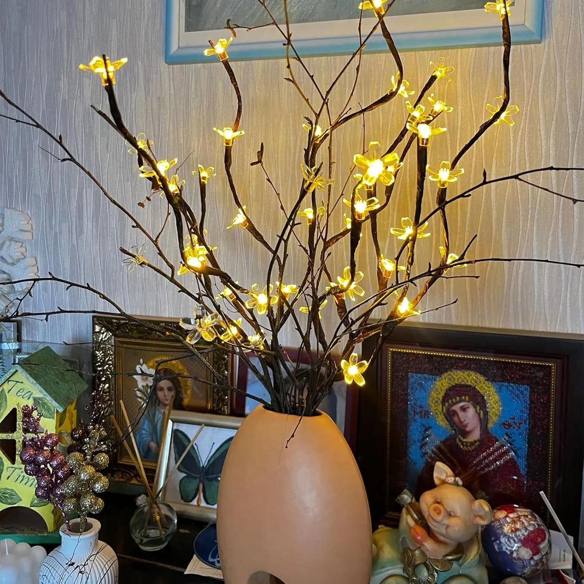 Battery Lighted Branches for Vase, 3 Pack 60 LED Fairy Artificial Cherry Blossom Flower Twig Stick