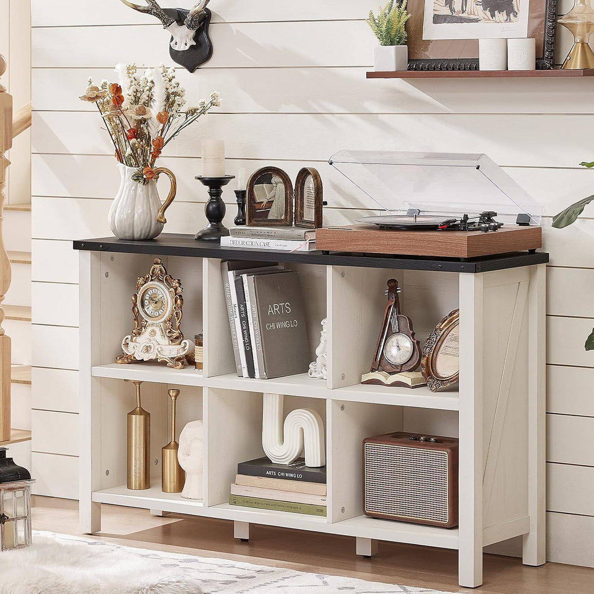 Farmhouse 6 Cube Bookshelf, Antique White & Black Wooden Storage Organizer Book Shelf, 47" Cubby