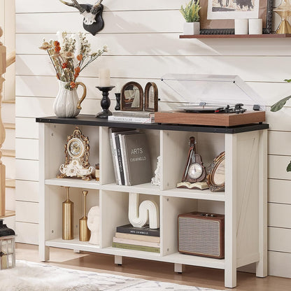 Farmhouse 6 Cube Bookshelf, Antique White & Black Wooden Storage Organizer Book Shelf, 47" Cubby
