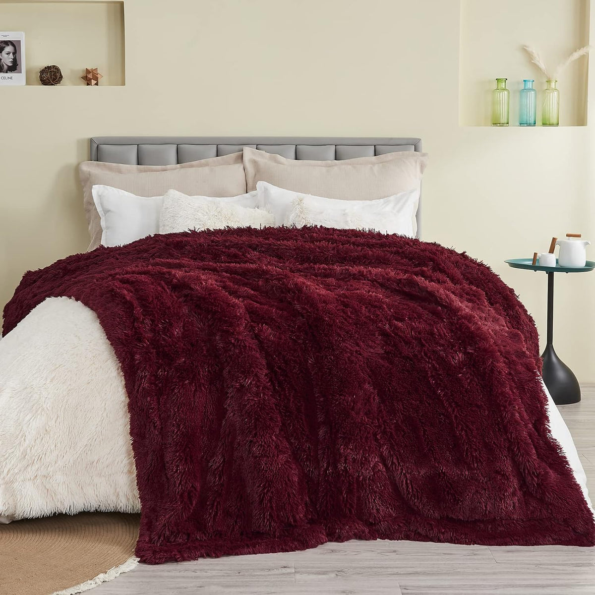 GONAAP Fuzzy Faux Fur Throw Blanket Twin Size Wine Red Super Soft Cozy Plush Fuzzy Shaggy Blanket