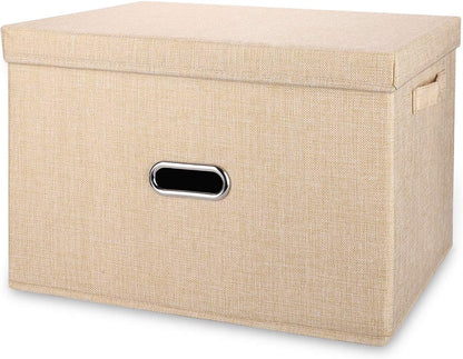 Linen Fabric Collapsible Storage Bins with Removable Lids and Handles, Washable Storage Box