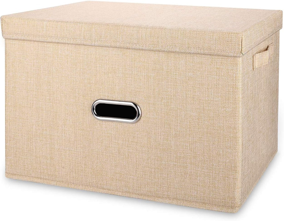 Linen Fabric Collapsible Storage Bins with Removable Lids and Handles, Washable Storage Box