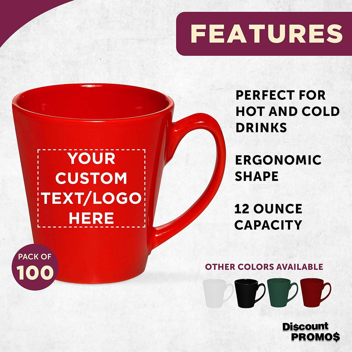 DISCOUNT PROMOS Custom Glossy Ceramic Latte Coffee Mug 12 oz. Set of 100, Personalized Bulk Pack