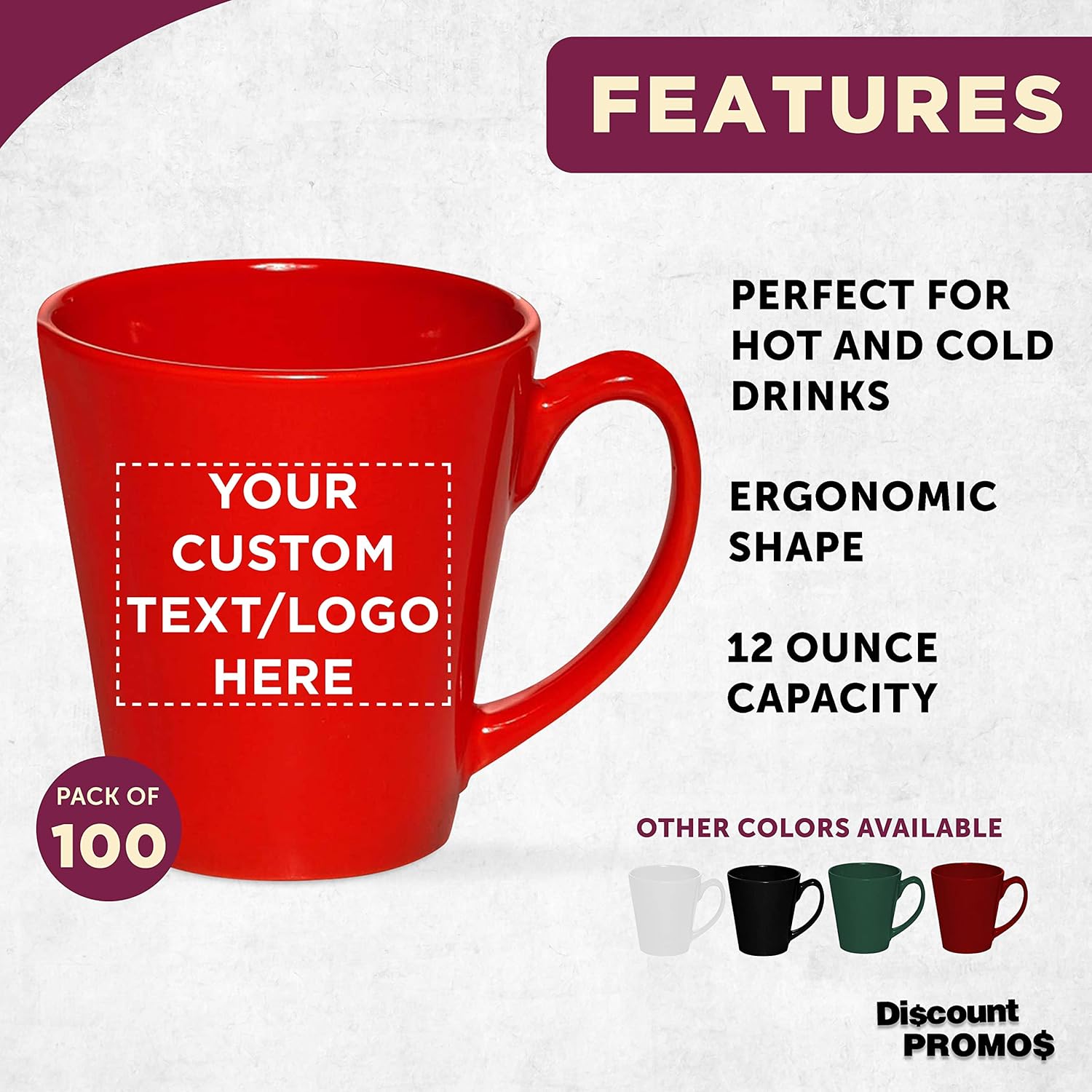 DISCOUNT PROMOS Custom Glossy Ceramic Latte Coffee Mug 12 oz. Set of 100, Personalized Bulk Pack