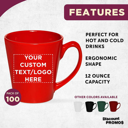 DISCOUNT PROMOS Custom Glossy Ceramic Latte Coffee Mug 12 oz. Set of 100, Personalized Bulk Pack
