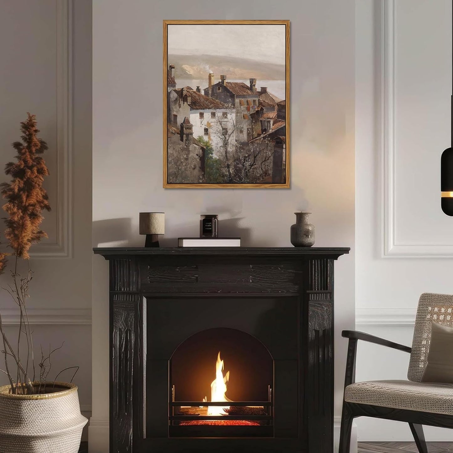 Floating Framed Vintage Canvas Wall Art, European Country Towns Wall Decor Oil Paintings Artwork