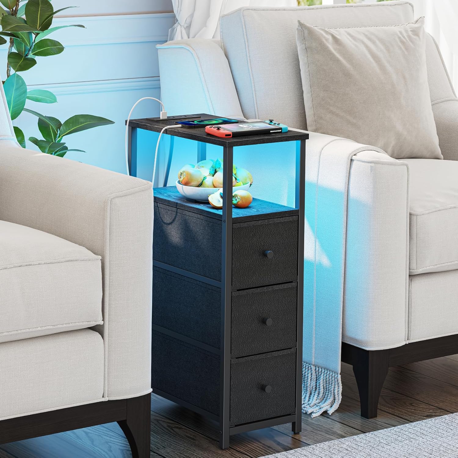 TUTOTAK Narrow LED Night Stand with Charging Station, Slim End Table with Plugins, Tall Side Table