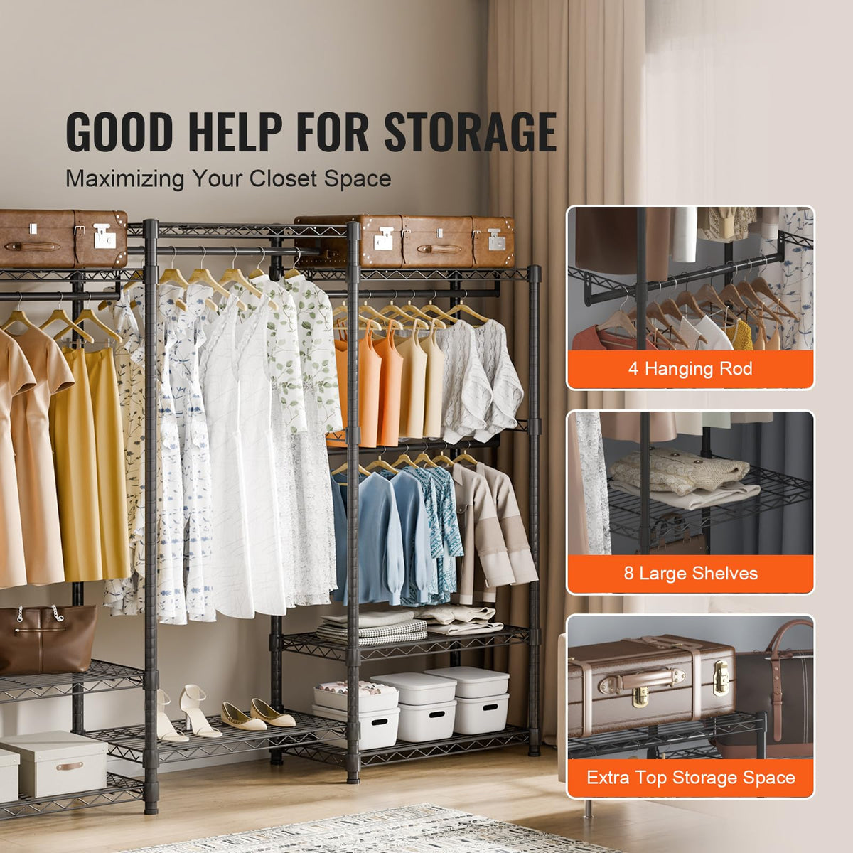 VEVOR Sturdy Apparel Organizer, Mobile Garment Hanger with Four Rods & Eight Shelving Levels