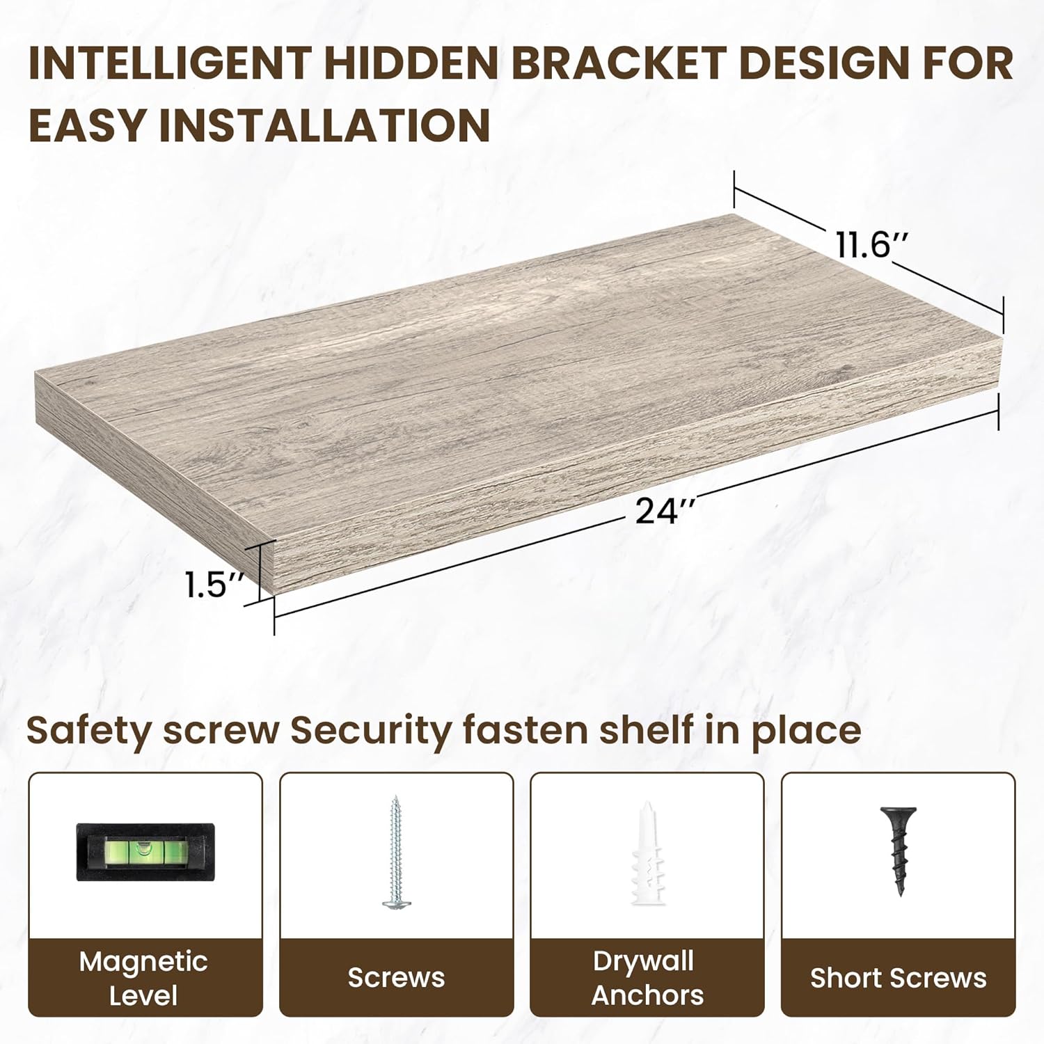 24 Inch Floating Shelves, 11.6 Inch Deep Floating Shelves for Wall, Floating Shelf with Invisible