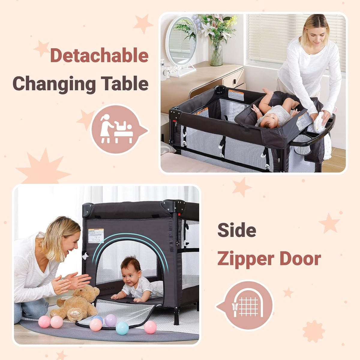 ELEMARA 5 in 1 Pack and Play, Adjustable Baby Bedside Bassinet Sleeper,1-Second Setup Foldable