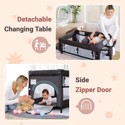 ELEMARA 5 in 1 Pack and Play, Adjustable Baby Bedside Bassinet Sleeper,1-Second Setup Foldable