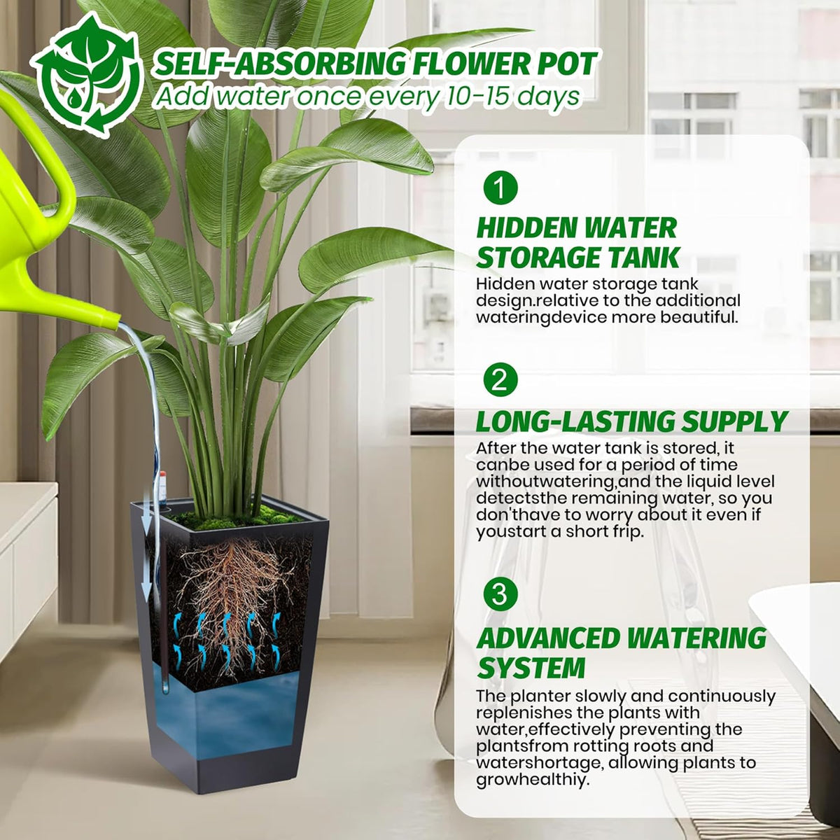 16" Tall Planters Set of 2, Outdoor＆Indoor Black Planter Pots, High Front Porch Planter Pots with