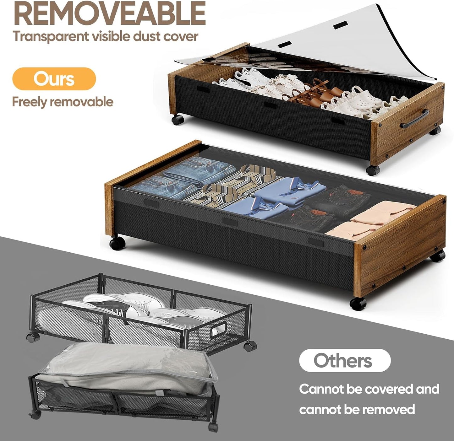 Wooden Under Bed Storage with Wheels, Rolling Under the Bed Storage Bins with Removable Lid, Metal
