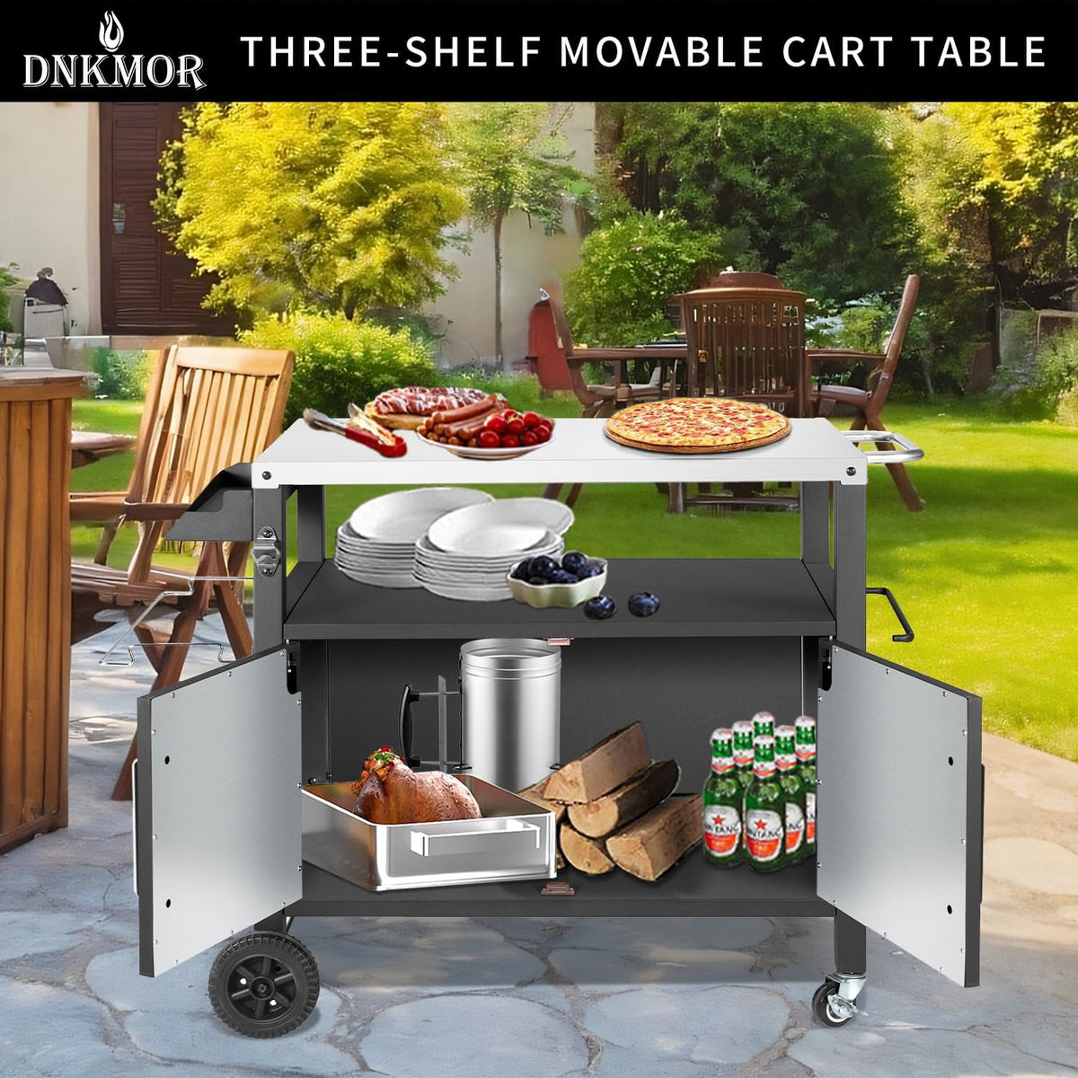 Dining Cart Table with Big Storage Cabinet, Movable Outdoor BBQ Grill Table Pizza Oven Stand