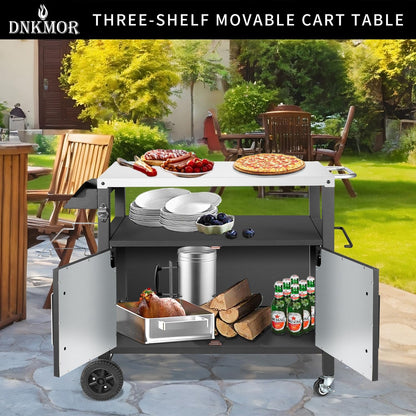 Dining Cart Table with Big Storage Cabinet, Movable Outdoor BBQ Grill Table Pizza Oven Stand