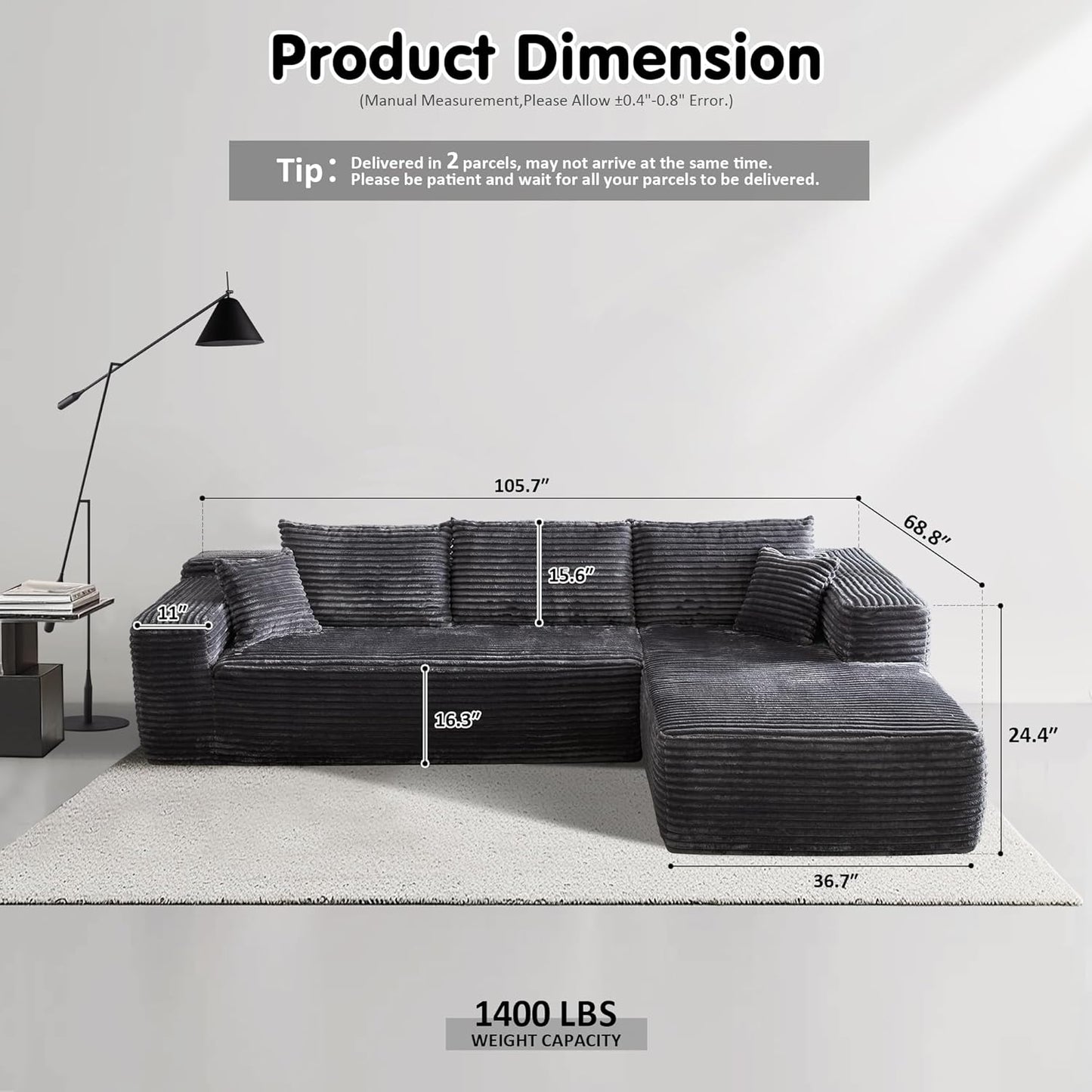 ovios 104" Cloud Sectional Couch with L-Shape Chaise,Modern Modular Sofa with Deep Seat