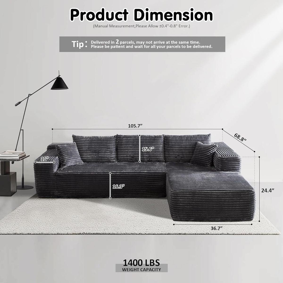 ovios 104" Cloud Sectional Couch with L-Shape Chaise,Modern Modular Sofa with Deep Seat