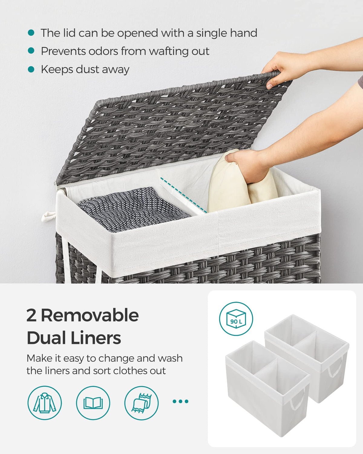 SONGMICS Laundry Hamper with Lid, 90L Wicker Laundry Basket
