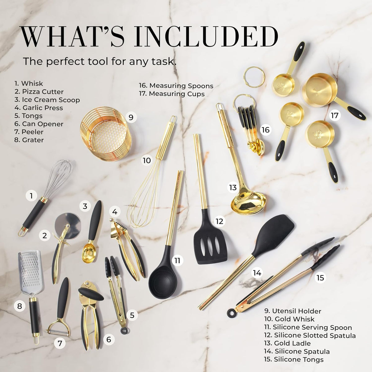 Black and Gold Kitchen Utensils Set - 23-Piece Luxury Kitchen Accessories Includes Gold Measuring