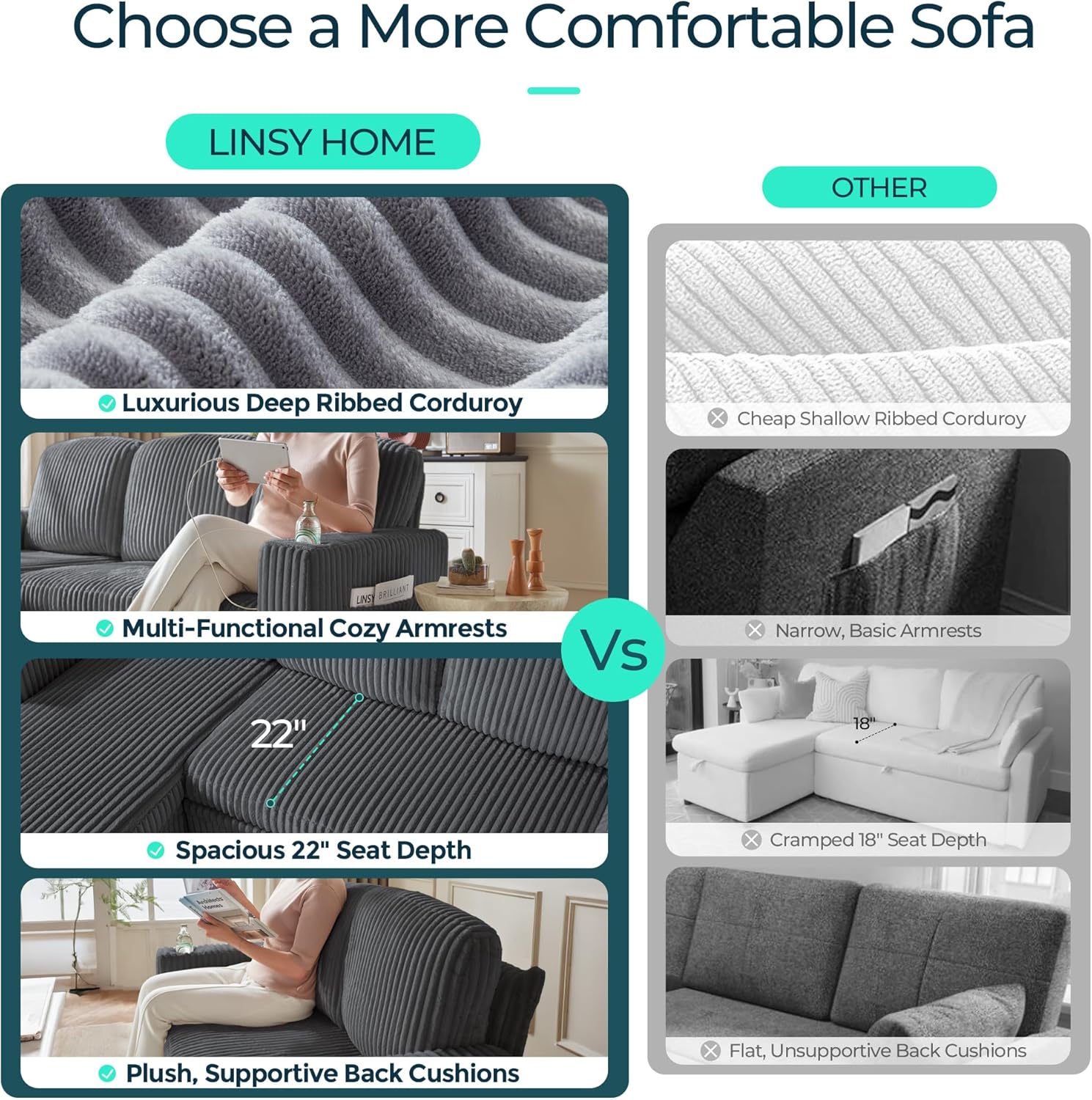 LINSY HOME Sectional Sleeper Sofa with Pull Out Couch Bed - Convertible Plush Corduroy Cloud Couch
