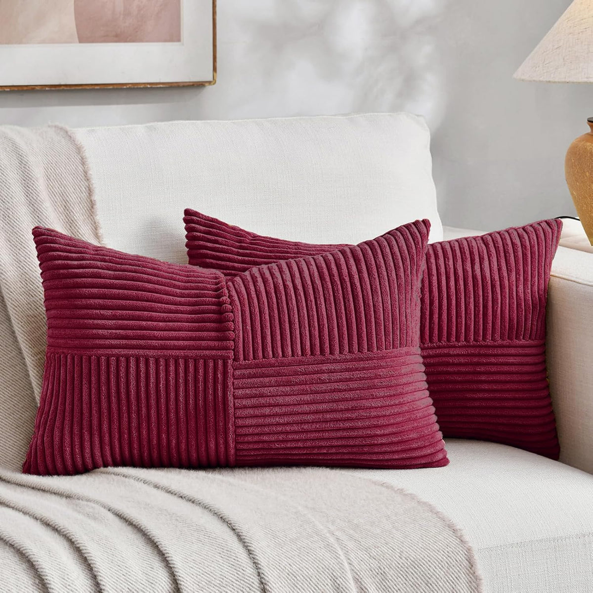 Fancy Homi 2 Packs Burgundy Long Lumbar Decorative Throw Pillow Covers 16x24 Inch for Couch Bed
