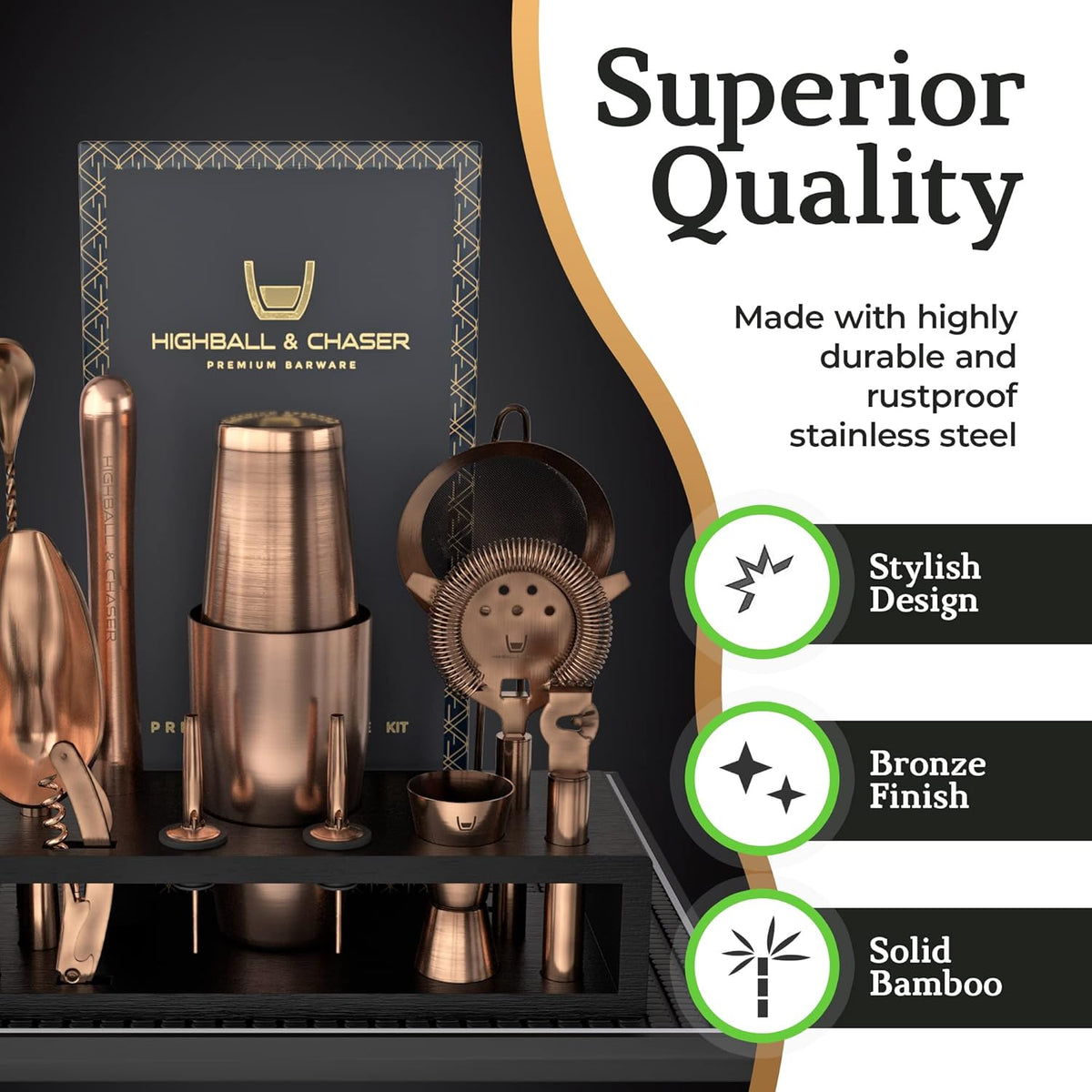 Highball & Chaser Bartender Kit with Black Bamboo Stand Beautiful Cocktail Shaker Set and Bar Tools