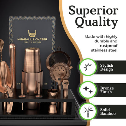 Highball & Chaser Bartender Kit with Black Bamboo Stand Beautiful Cocktail Shaker Set and Bar Tools