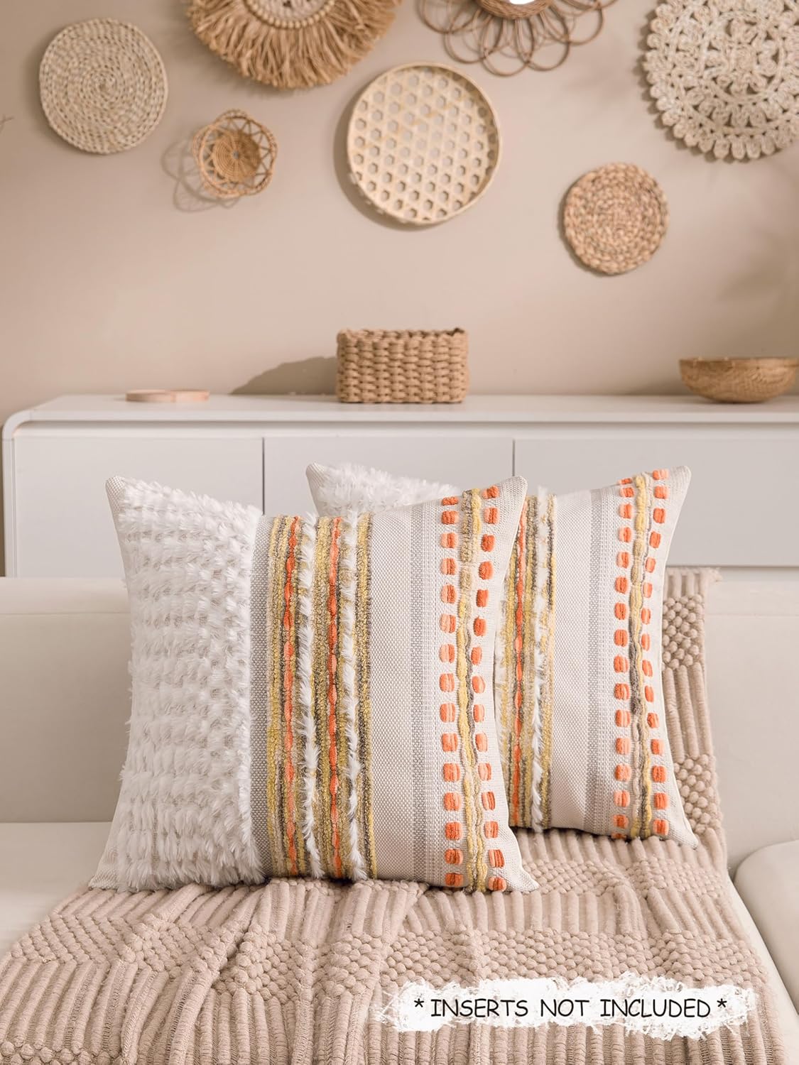 Fall Boho Chenille Tufted Throw Pillow Covers 18x18 Inch Set of 2 Farmhouse Striped Couch