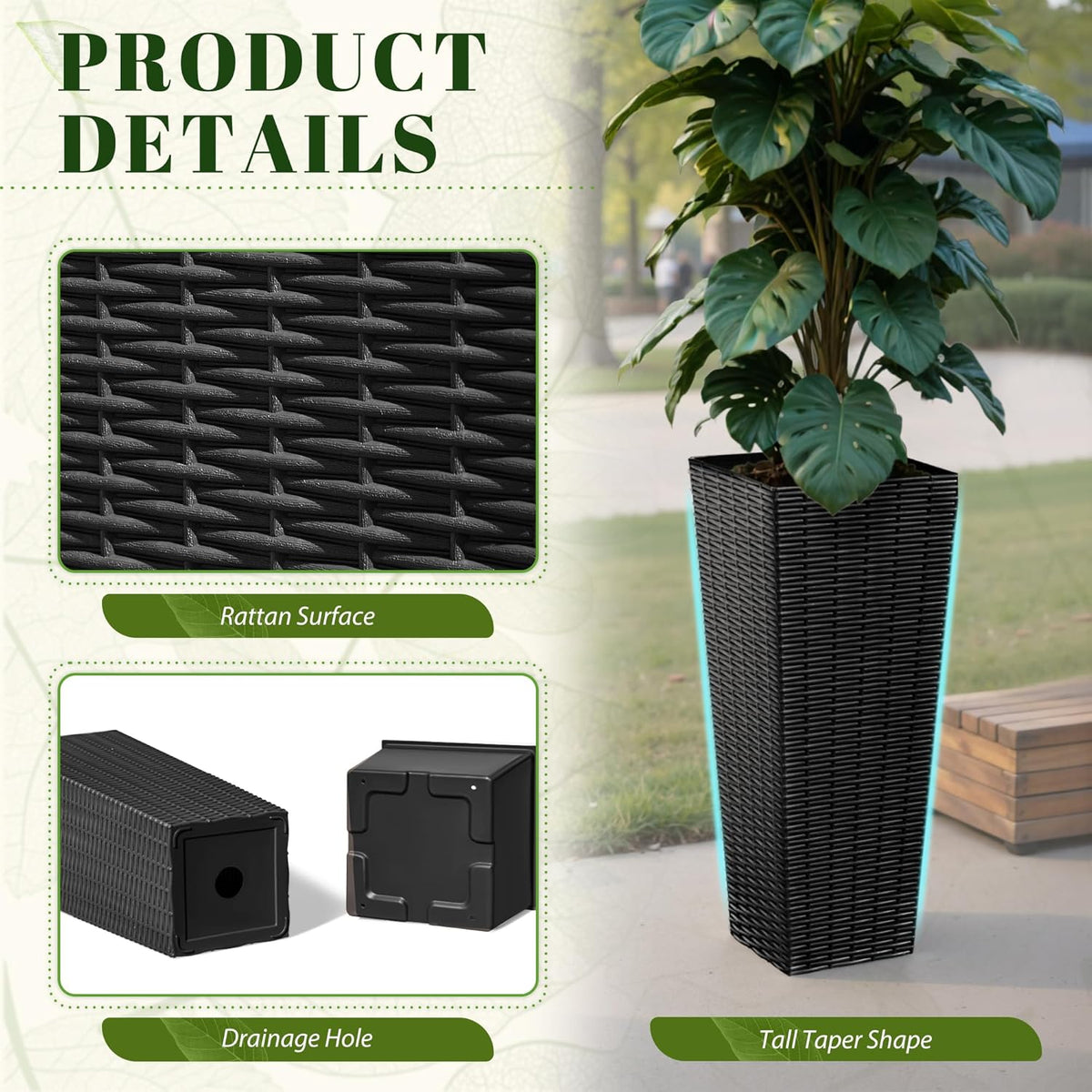 JUMMICO Set of 2 Resin Rattan Tall Planters for Outdoor Plants, Large Tapered Planters with