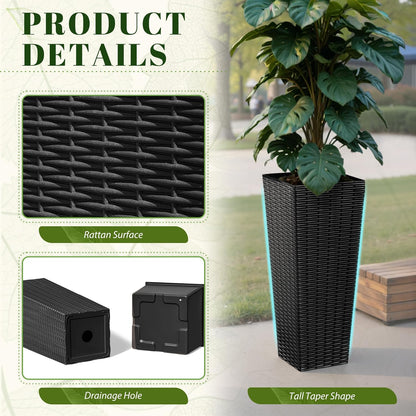 JUMMICO Set of 2 Resin Rattan Tall Planters for Outdoor Plants, Large Tapered Planters with