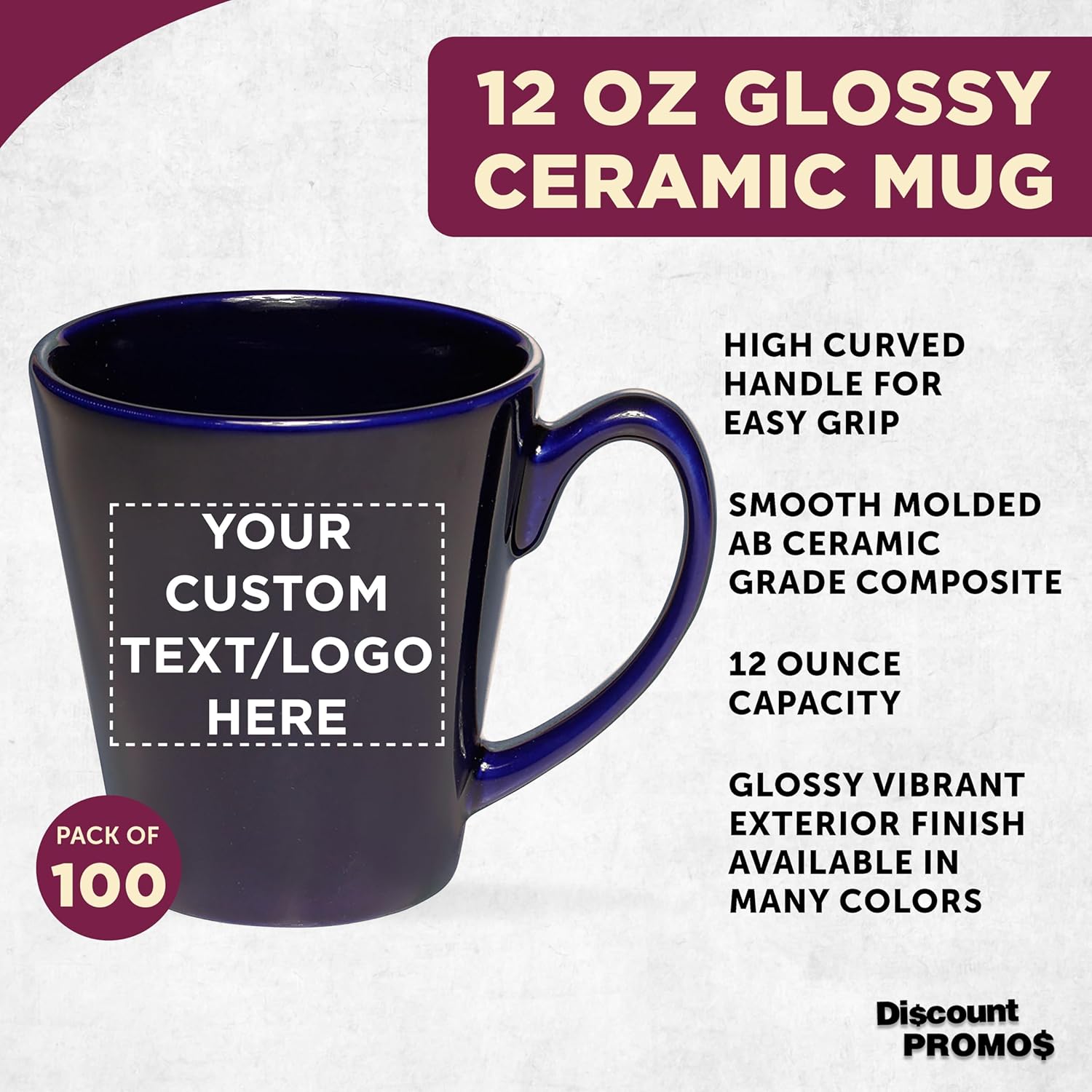 DISCOUNT PROMOS Custom Glossy Ceramic Latte Coffee Mug 12 oz. Set of 100, Personalized Bulk Pack