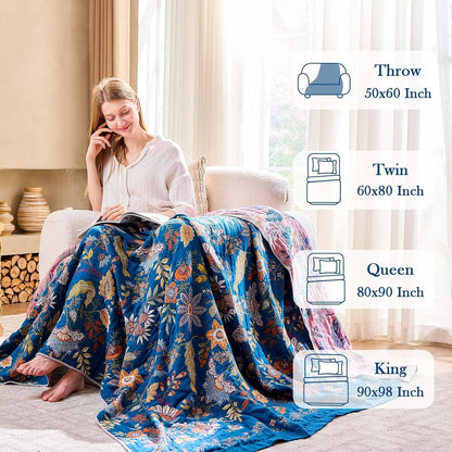 Fall Throw Blanket for Couch, Blue Boho Decorative Throw Blanket, 100% Cotton Muslin Breathable