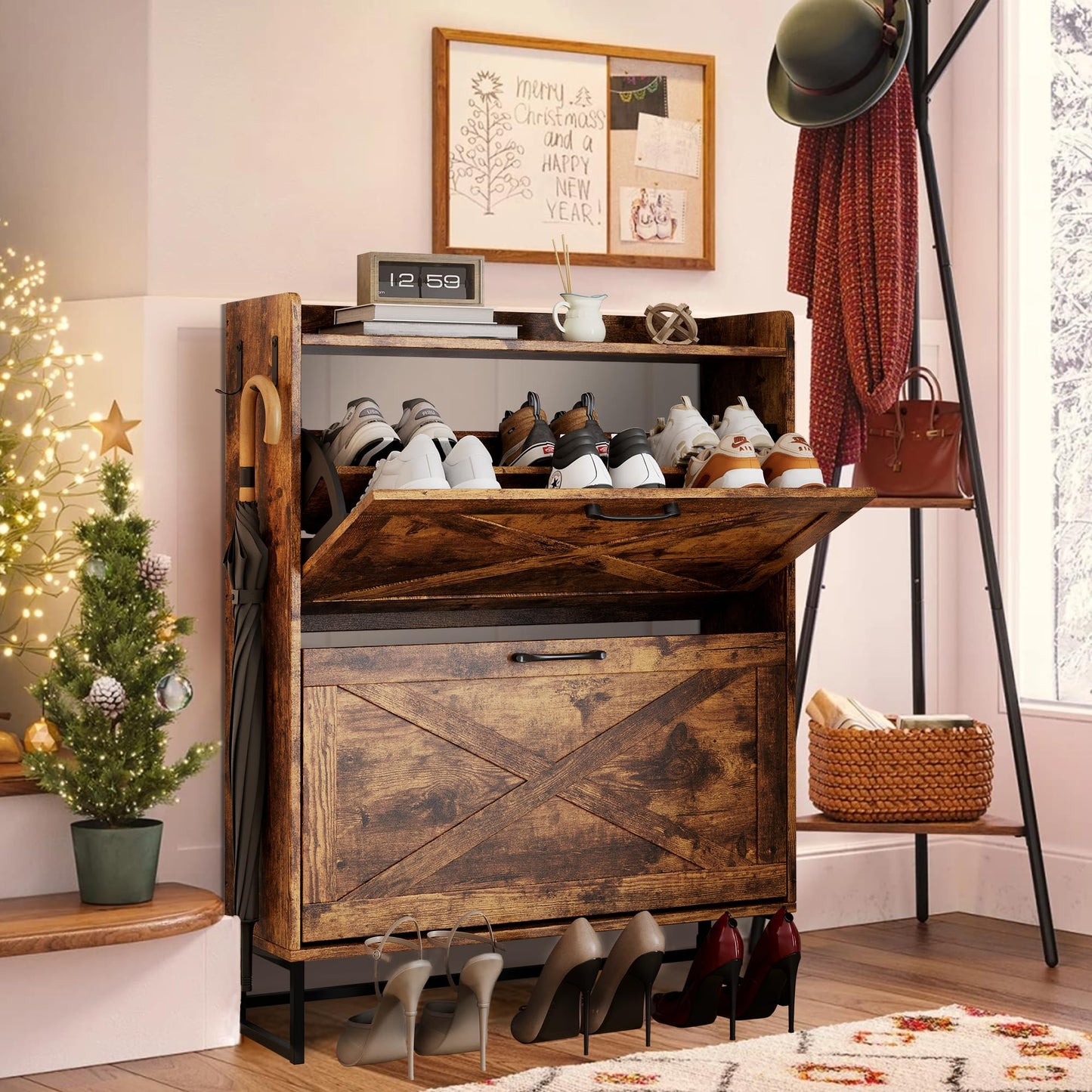 YIKEHOME Shoe Storage Cabinet for Entryway with 2 Flip Drawers, Freestanding Organizer with Metal