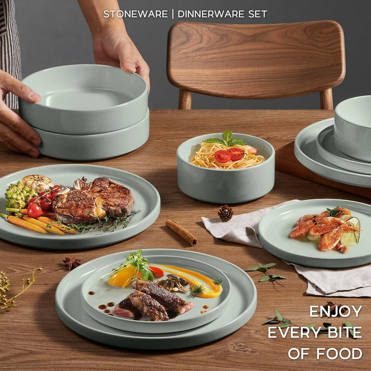 Onader Stoneware Dinnerware Sets for 6 with Double Bowl, 24 Piece Plates and Bowls Dish Dinner Set