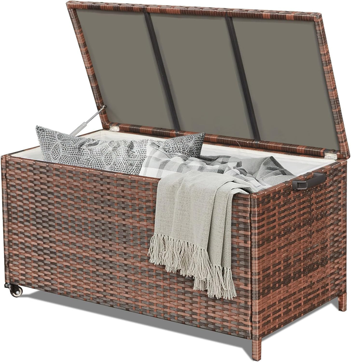 HOMREST Large Deck Box, Outdoor Wicker Storage Container with 70 Gallon, Patio Rattan Furniture for