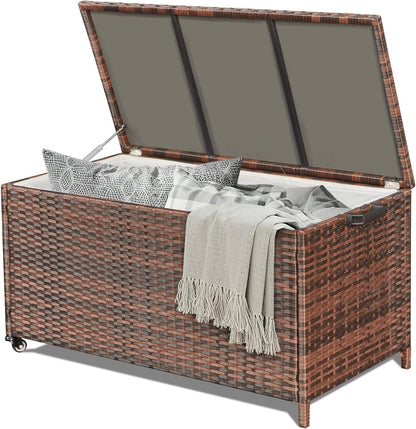HOMREST Large Deck Box, Outdoor Wicker Storage Container with 70 Gallon, Patio Rattan Furniture for