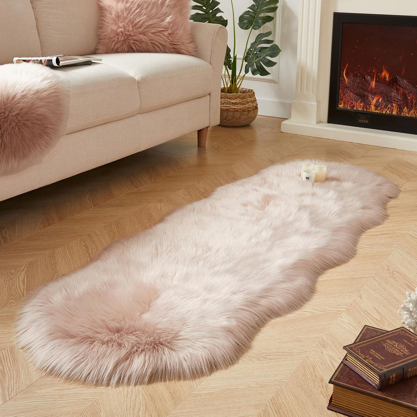 AMTOVO Faux Sheepskin Rug, Pink Ultra Soft Fluffy Shag Area Rug, 2 x 6 ft Faux Fur Rug for Bedroom