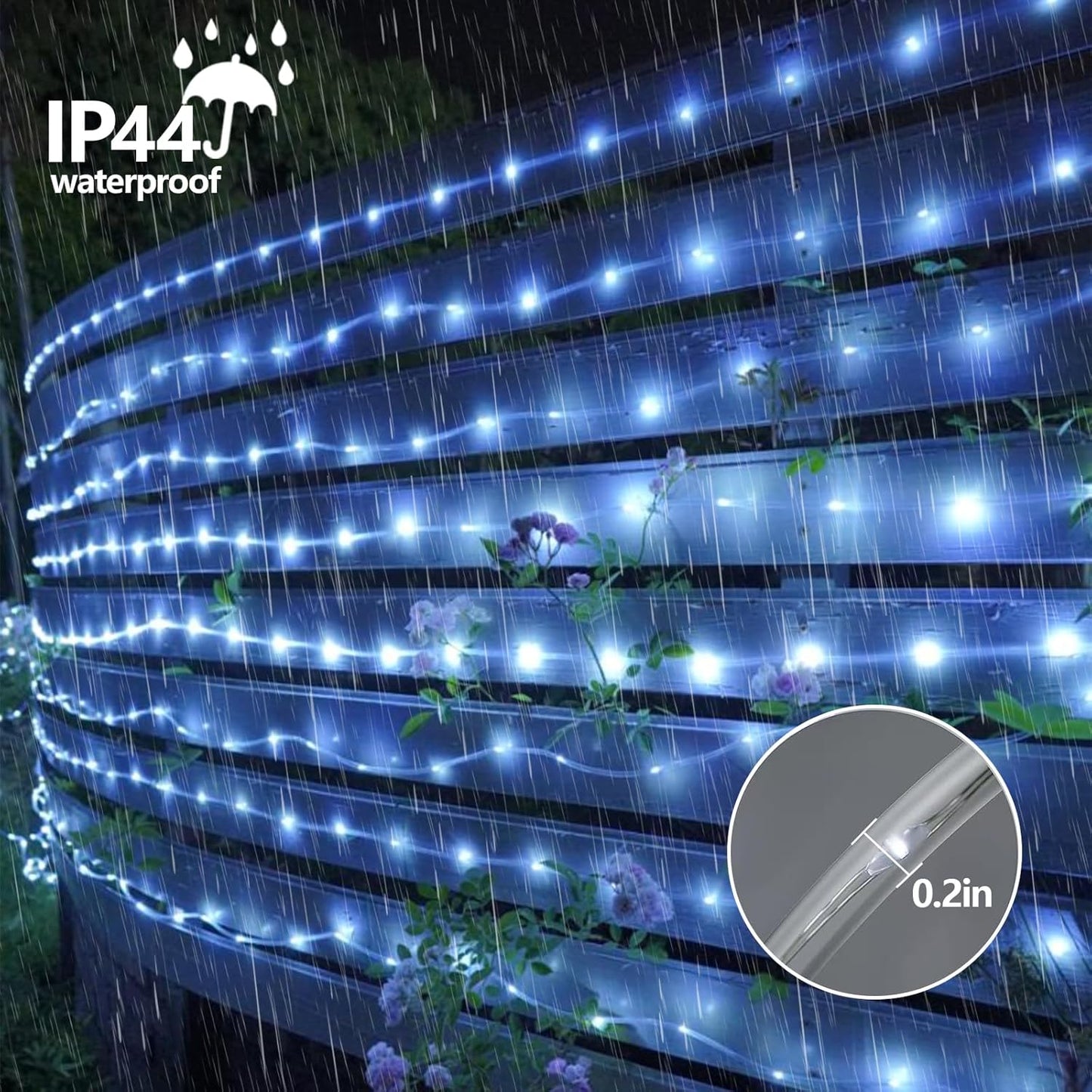 YEGUO 2 Packs Each 33ft 100 LED Solar Rope Lights Outdoor Waterproof, White String Lights for
