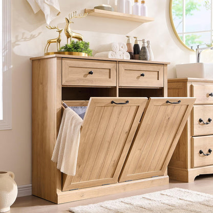 Double Tilt Out Laundry Hamper Cabinet, 20 Gallon Farmhouse Trash Can Cabinet with Drawer, Hidden