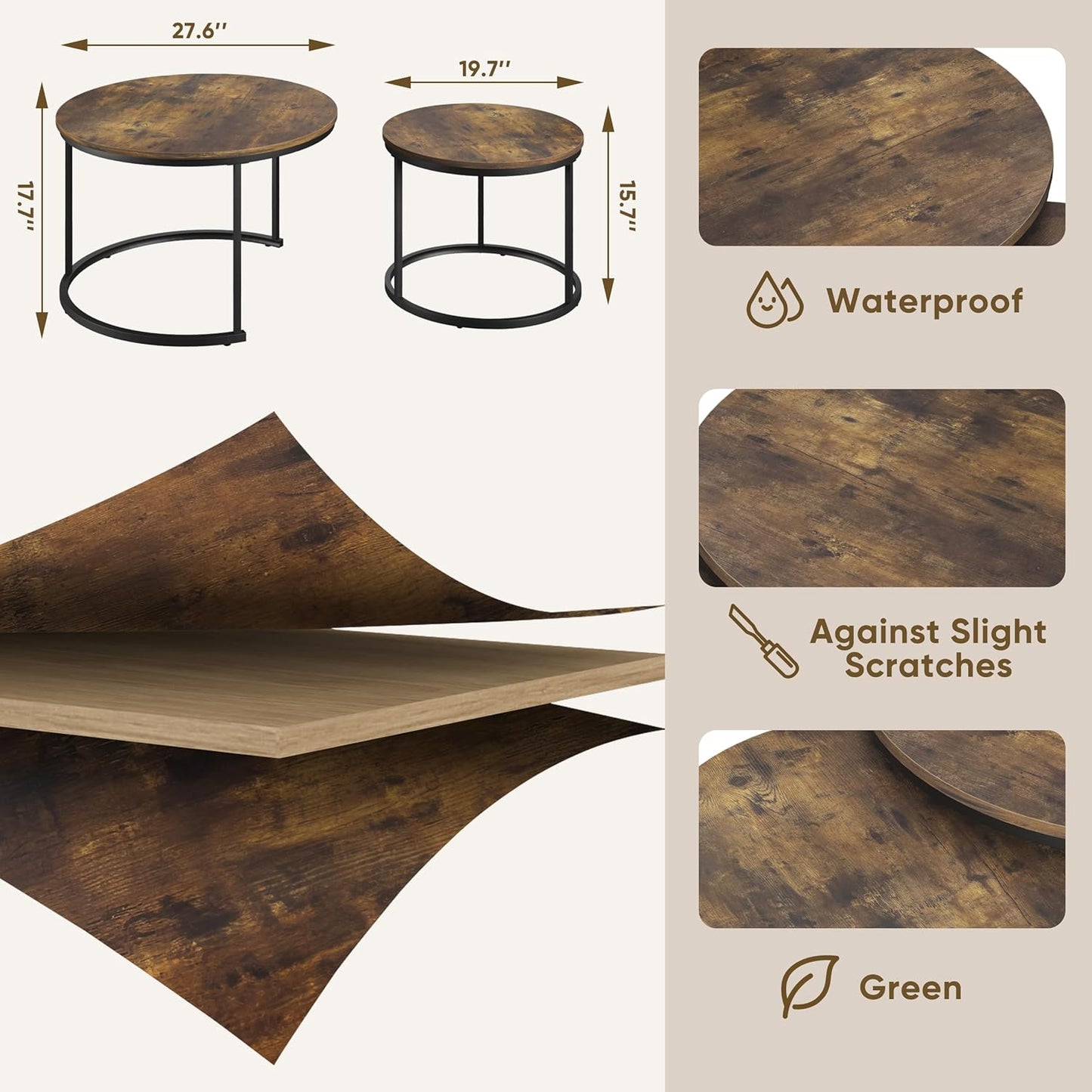 Smuxee Rustic Nesting Coffee Table Set of 2, 27.6" Round Coffee Table Wooden Marble Pattern with