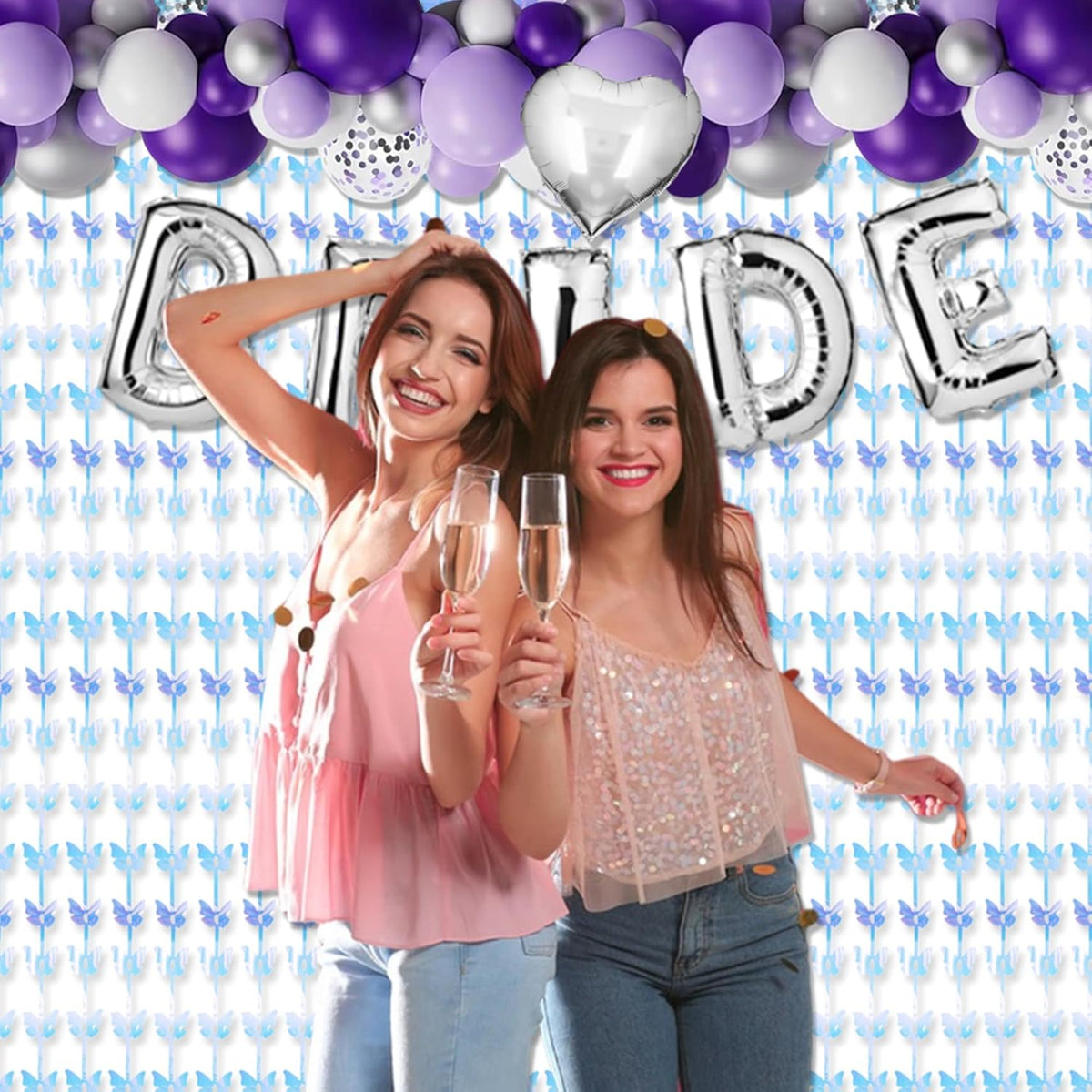 BRAVESHINE Iridescent Hanging Butterfly Foil Fringe Curtain - 2 Pack 3.2x6.6ft Holographic Party