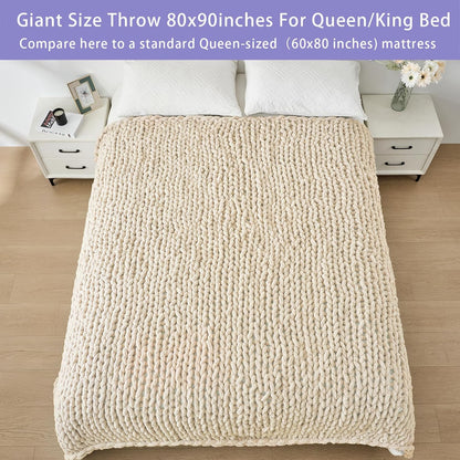 Bigacogo Chunky Knit Throw Blanket for Couch, 80x90 inches, 100% Hand Knitted with Thick Jumbo